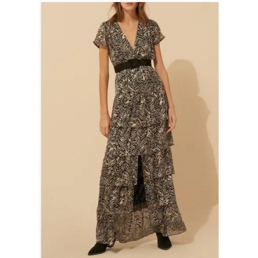 BA&SH Zelie Tiered Satin long Maxi Dress Animal Print Black White V neck 6